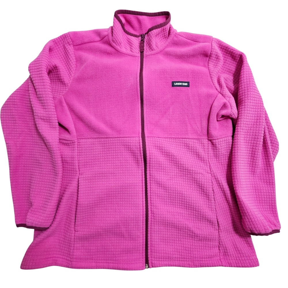 Lands' End Fleece Jacket Womens XXL 20 Pink Grid Textured Full Zip